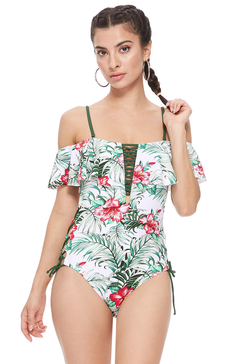 Tropical Off The Shoulder One Piece Swimsuit With Ruffles