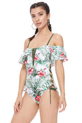 Tropical floral print off-the-shoulder one piece swimsuit with ruffled detail