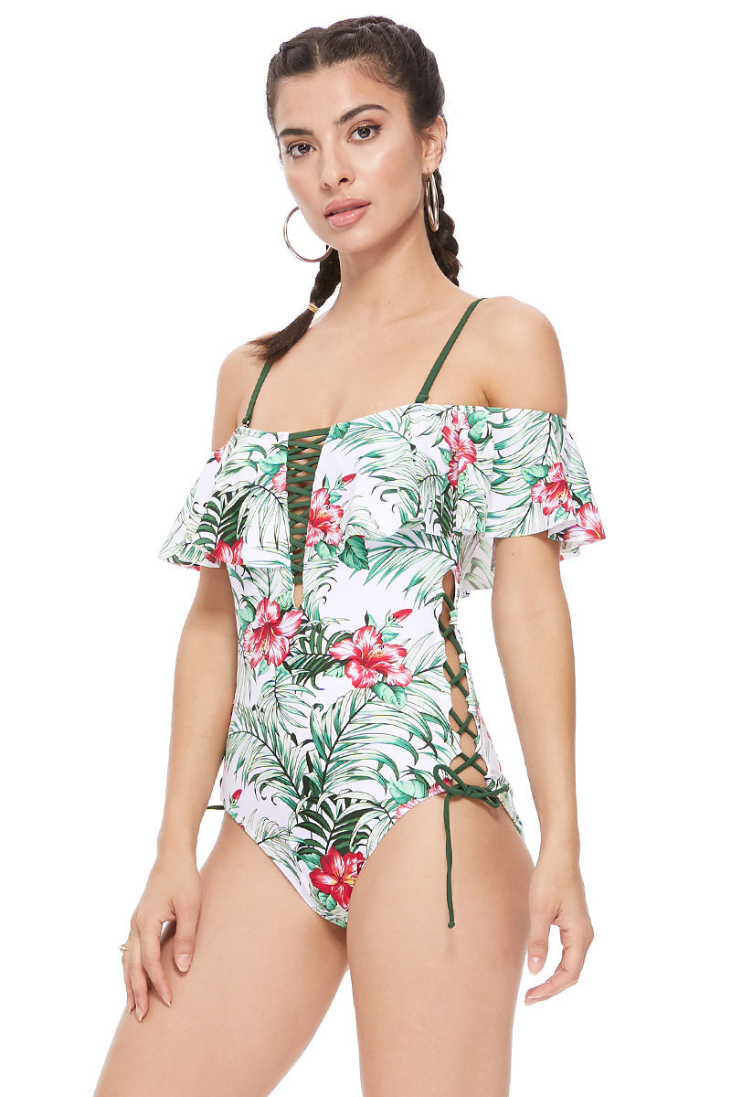 Tropical floral print off-the-shoulder one piece swimsuit with ruffled detail