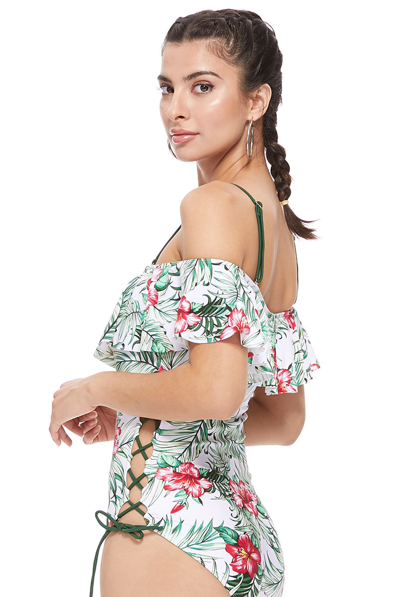 Tropical Off The Shoulder One Piece Swimsuit With Ruffles