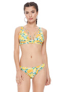 Textured lemon print halter bikini set with strappy front details and adjustable shoulder straps.