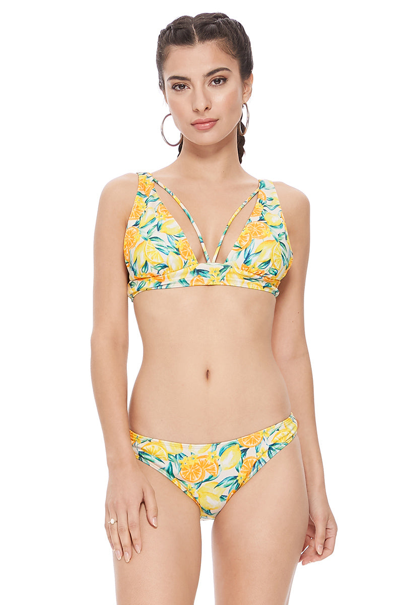 Textured lemon print halter bikini set with strappy front details and adjustable shoulder straps.