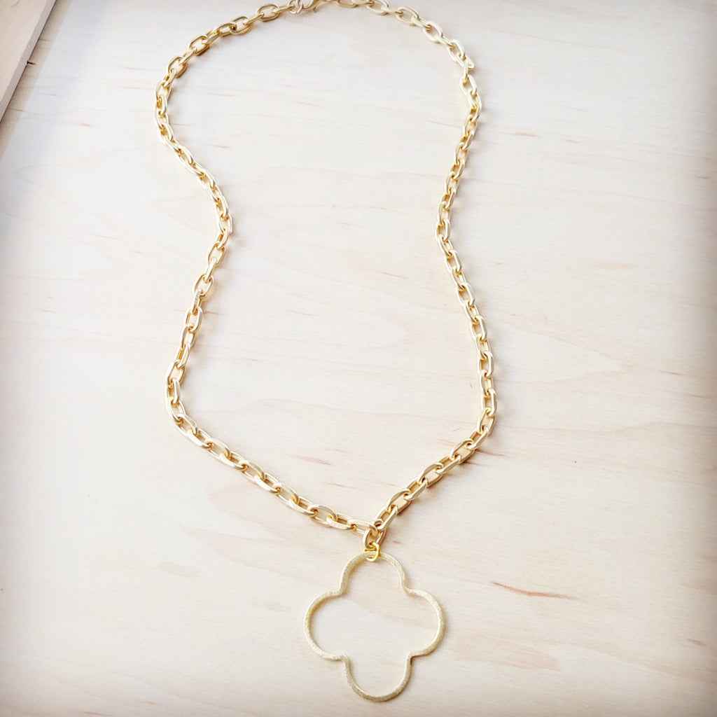 Matte Gold Quatrefoil Pendant Necklace with Link Chain - Image 2