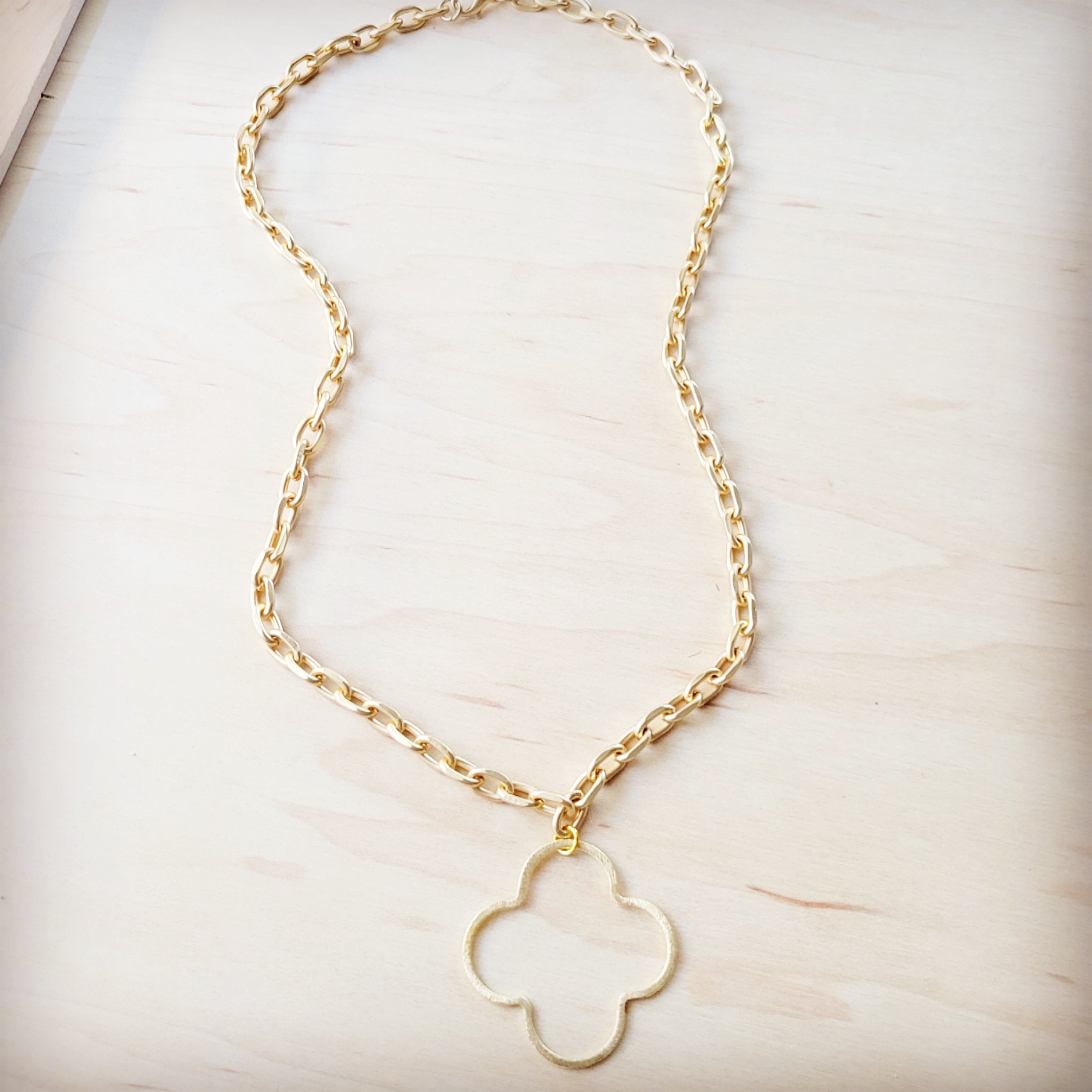 Matte Gold Quatrefoil Pendant Necklace with Link Chain - Image 2
