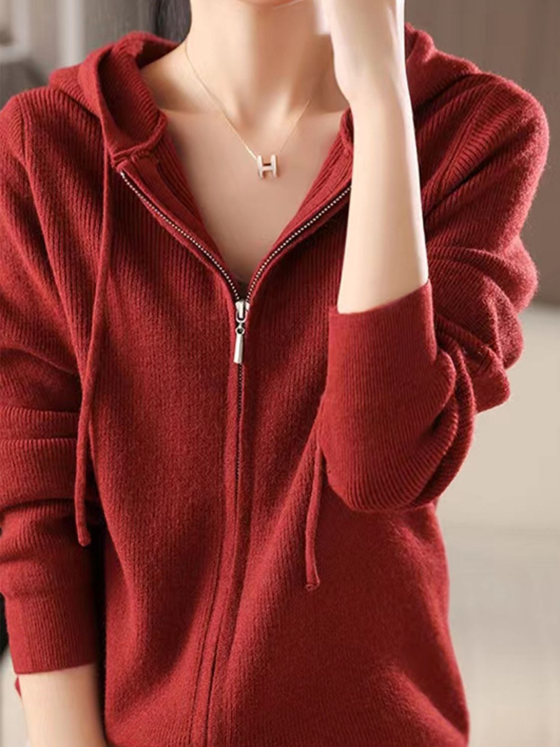 Women's Brown Long Sleeve Zip Up Knit Hoodie with Drawstring - Image 7