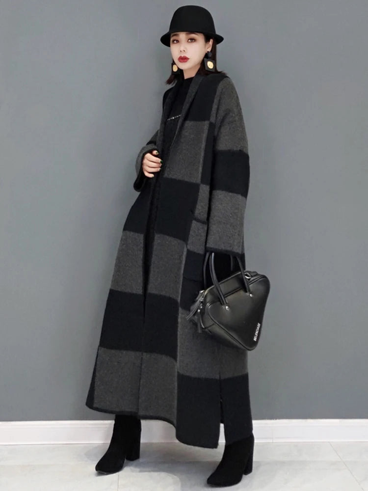 Women's Harajuku Plaid Knitted Longline Coat - Vintage Style - Image 4