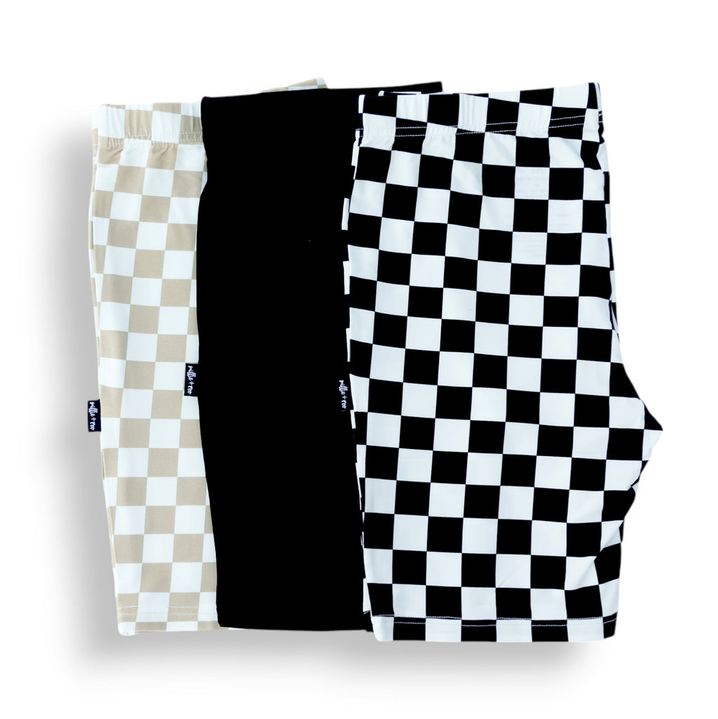 BIKER SHORTS- 3 Pack- B+W Check, Tan Check + Midnight