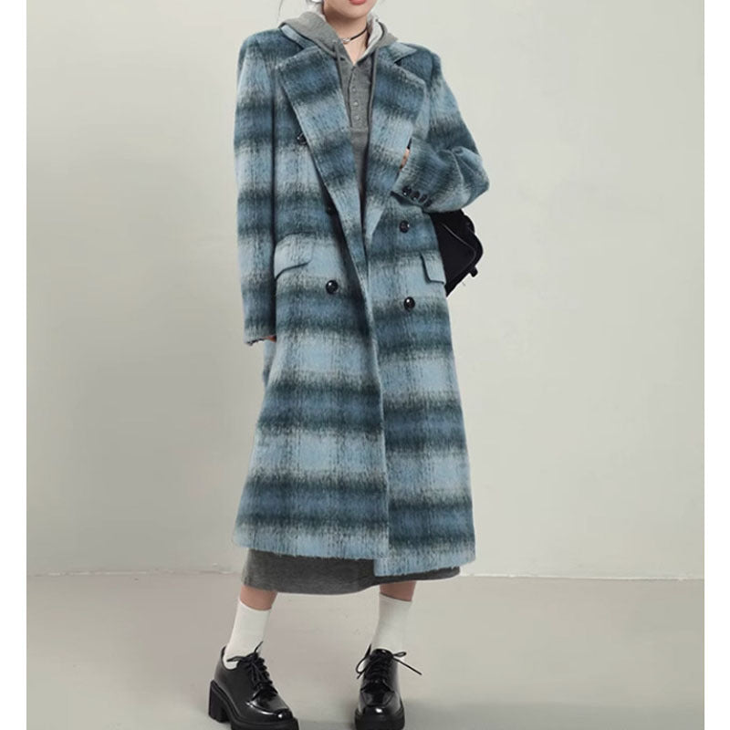 Women's Japanese Style Blue Plaid Woolen Overcoat - Image 3