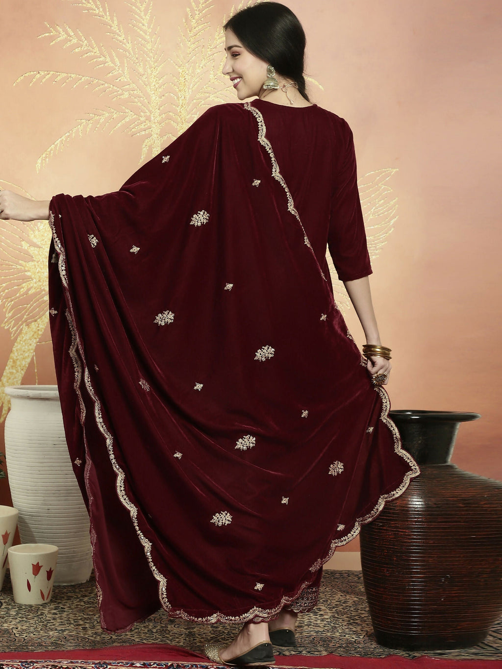 Maroon Velvet Straight Kurta Set with Resham Thread and Sequins