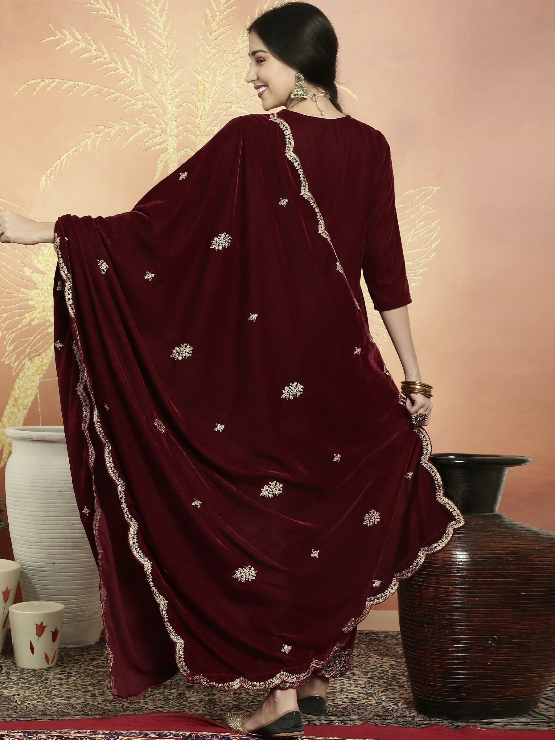 Maroon Velvet Straight Kurta Set with Resham Thread and Sequins