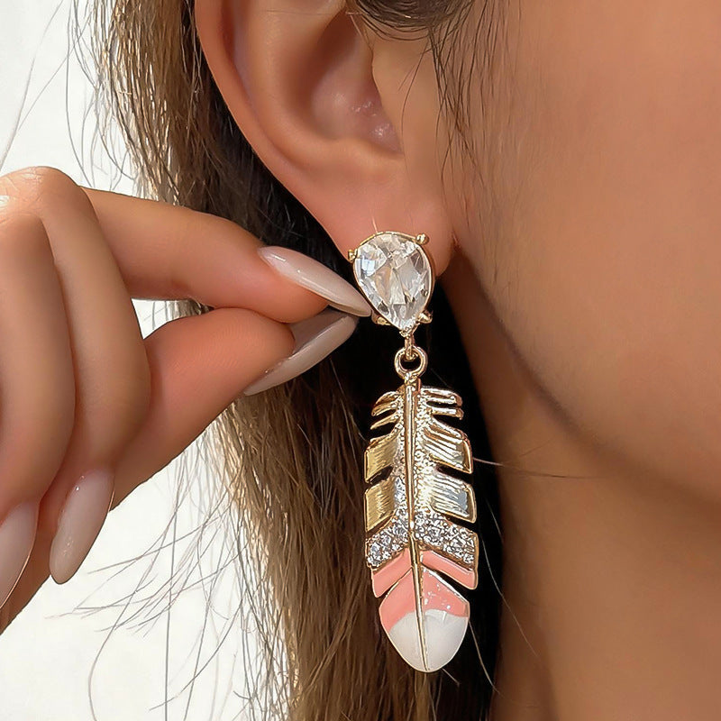 Women Feather Pendant Dangle Stud Earrings,Palace Style Heavy Craft Inlaid Rhinestone Enamel Earrings,Light Luxury Versatile Elegant Daily Fashion Jewelry