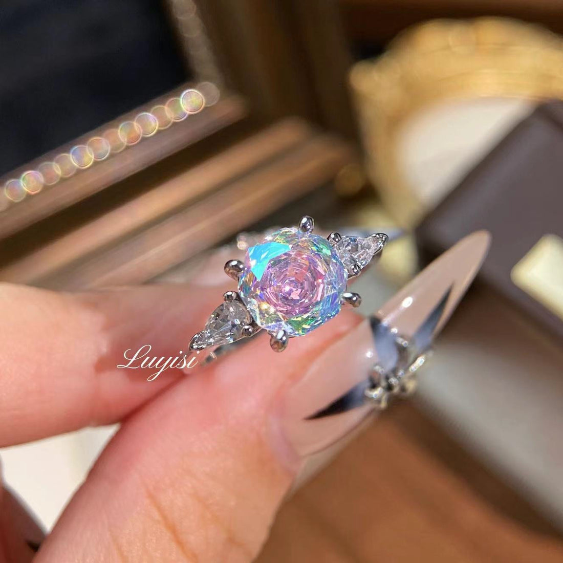 Vintage Dopamine Ring, Trendy Light Luxury Colorful Moissanite Band Ring