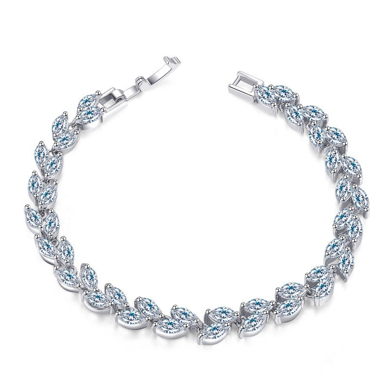 Elegant S925 silver leaf-shaped bracelet with marquise-cut cubic zirconia stones on a white background.
