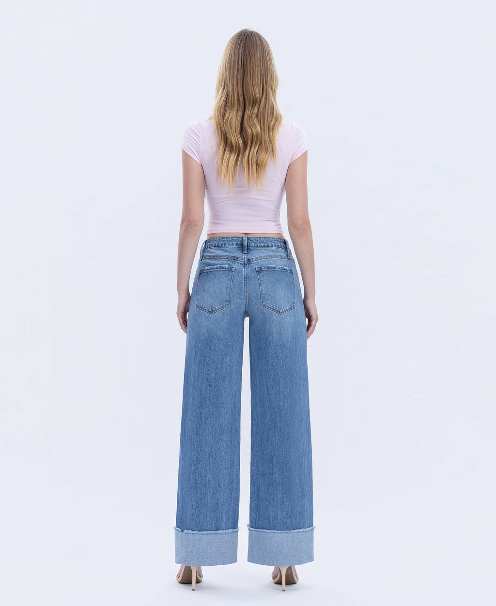 Mia High Rise Cuffed Wide Leg Jeans in Medium Wash Blue Denim