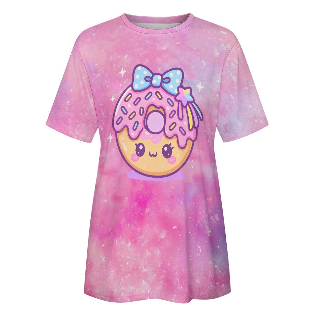 Women's Donut Galaxy Graphic Cotton T-Shirt Pink Purple - Image 5