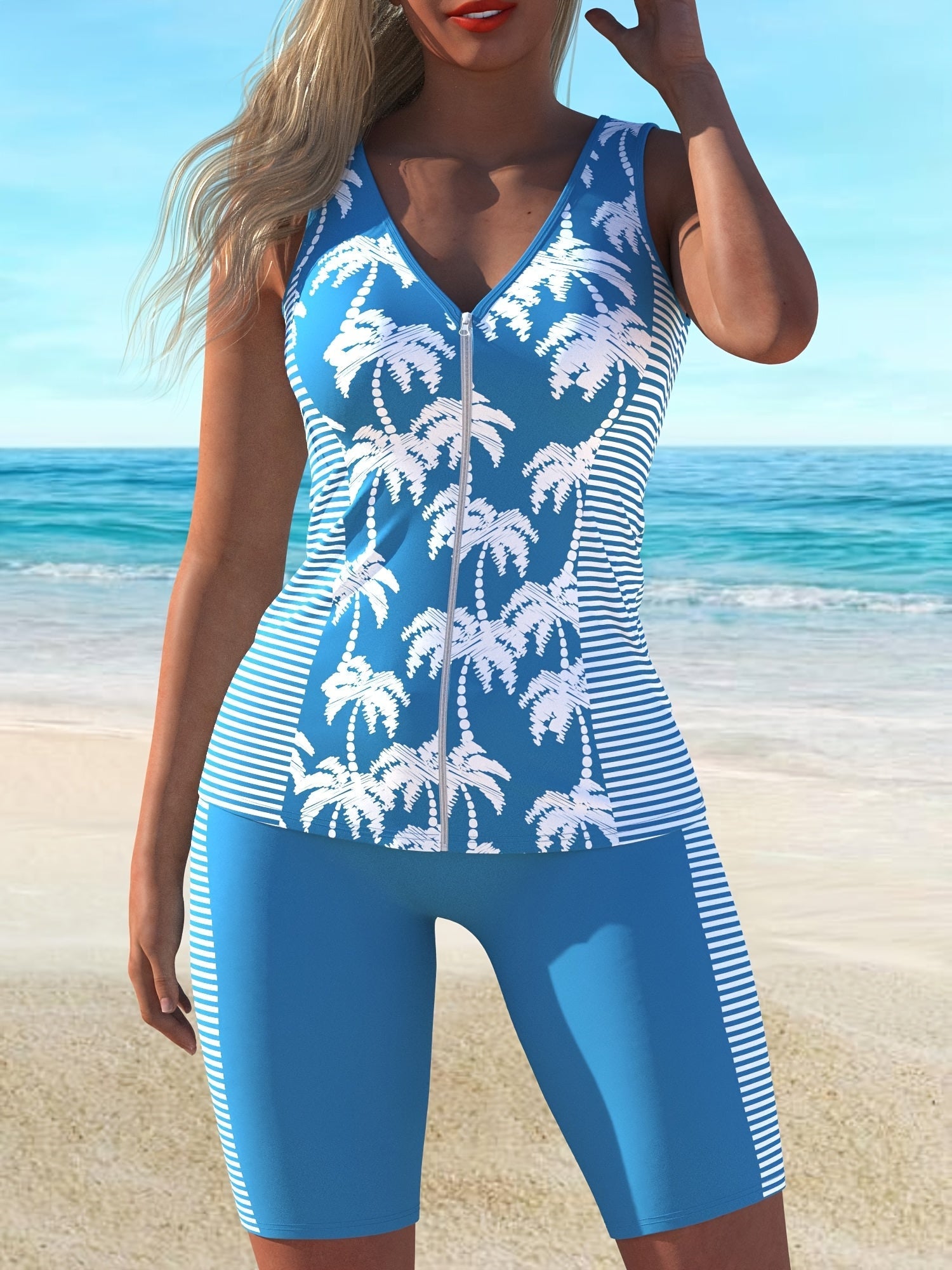 Trendy Blue Striped Tankini Swimsuit Set for Women, Perfect for Beach Leisure.