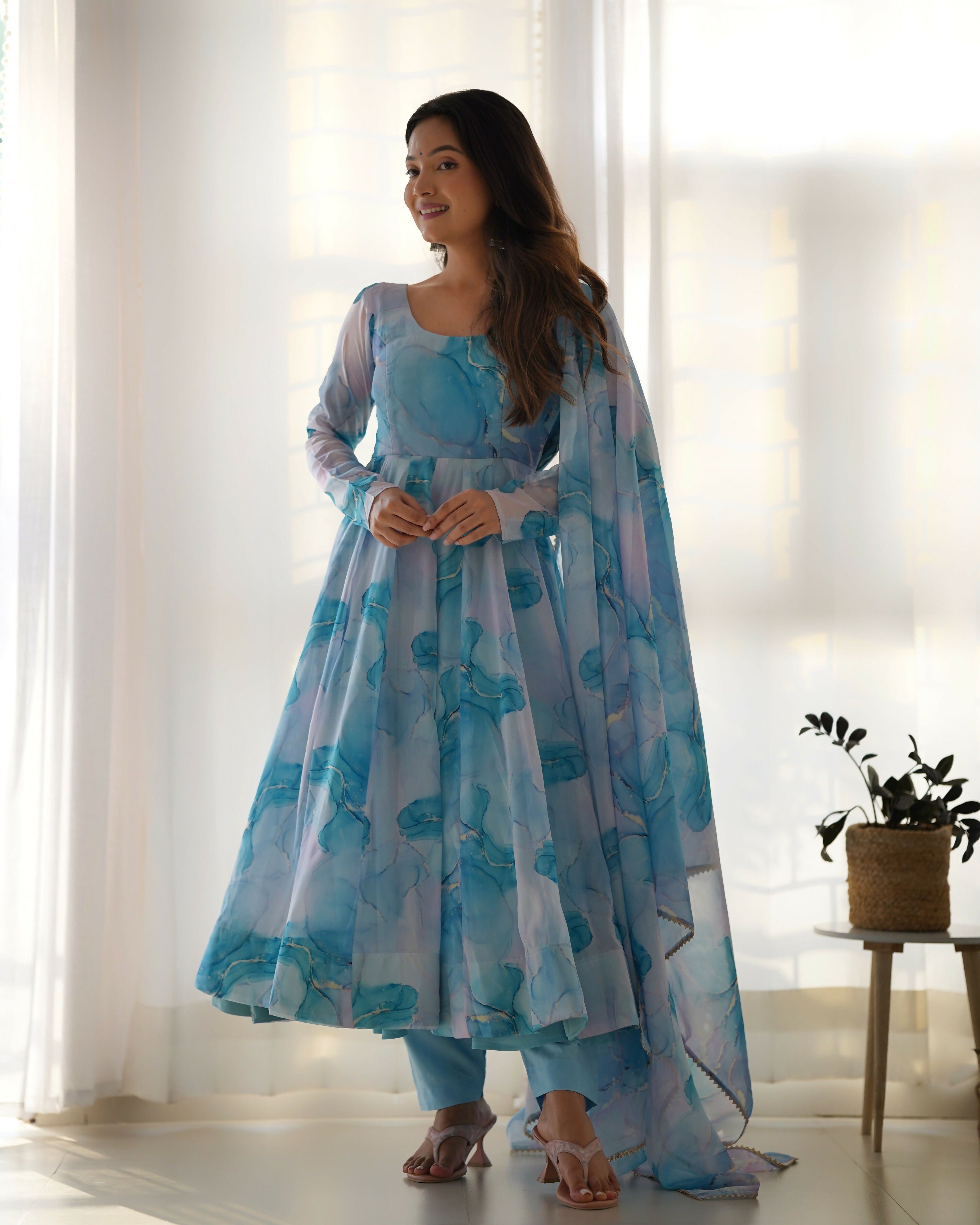 Sky Organza Kurta Set with Sequin Embroidery Work