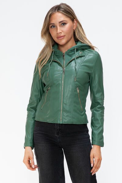 Women's Faux Leather Zip-Up Hooded Jacket Casual Urban Streetwear
