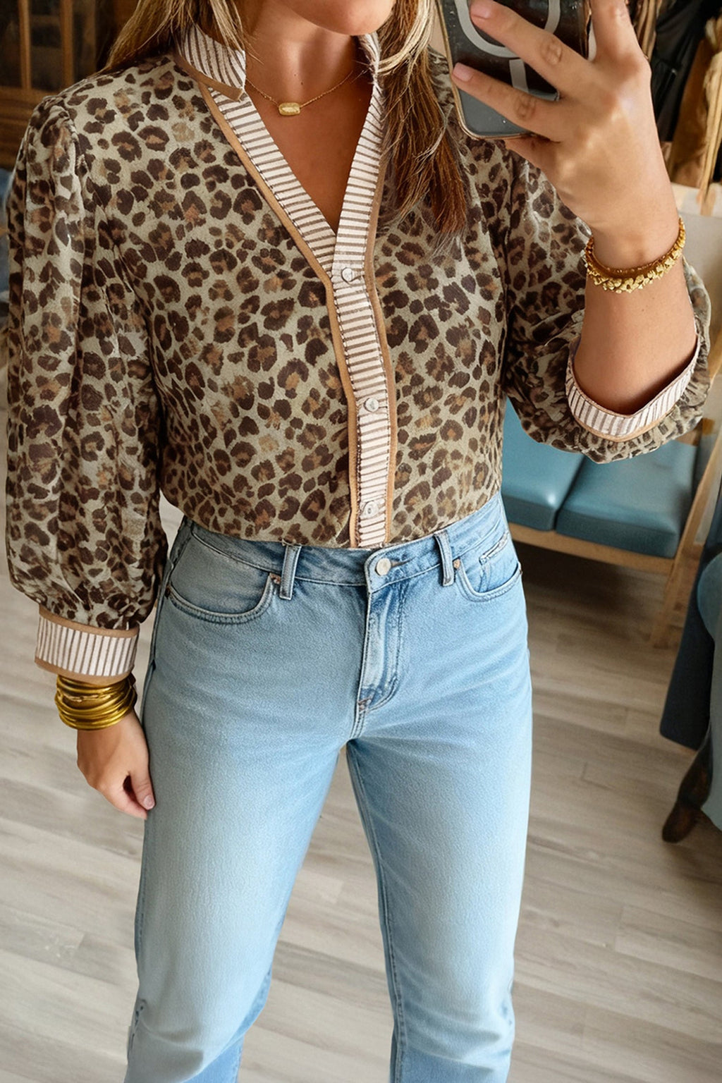 Khaki Leopard Print V-Neck Shirt with Contrast Striped Trim