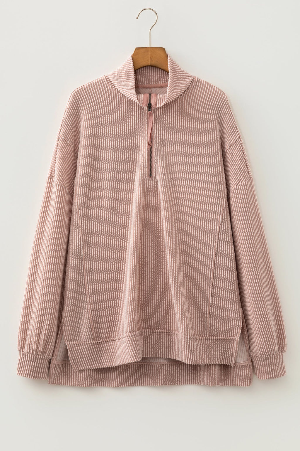 Corded Knit Zipper Collar Drop Shoulder Long Sleeve Top
