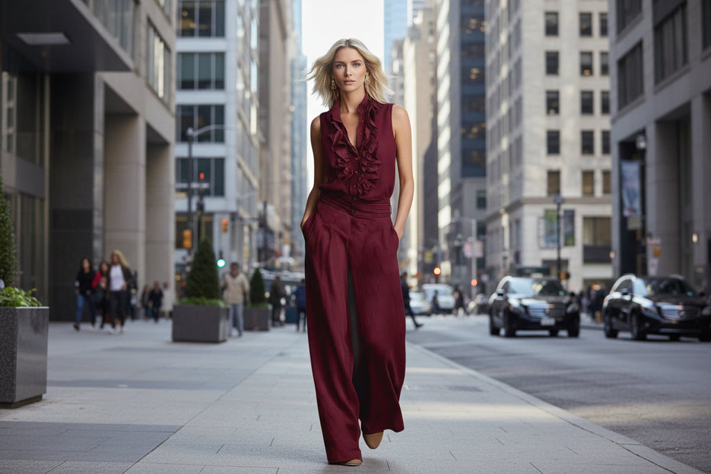 A stylish woman wearing a deep maroon ruffled sleeveless linen blend top with matching wide-leg pants on a city street.