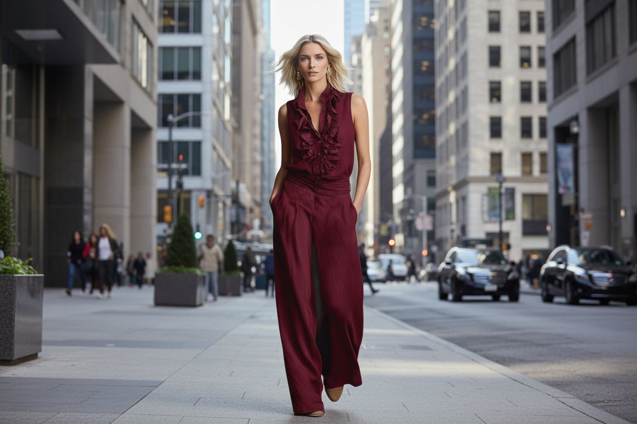 A stylish woman wearing a deep maroon ruffled sleeveless linen blend top with matching wide-leg pants on a city street.