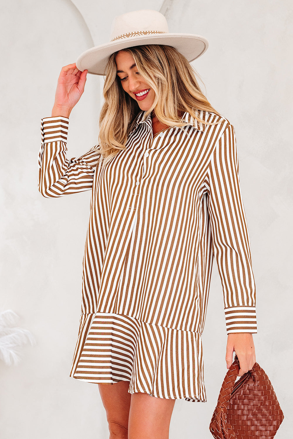Yamileth Long Sleeve Striped Shirt Mini Dress with Ruffled Hem