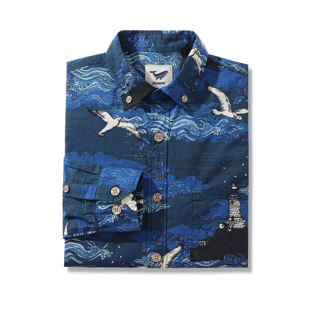 Lighthouse Print Long Sleeve Cotton Hawaiian Shirt for Men