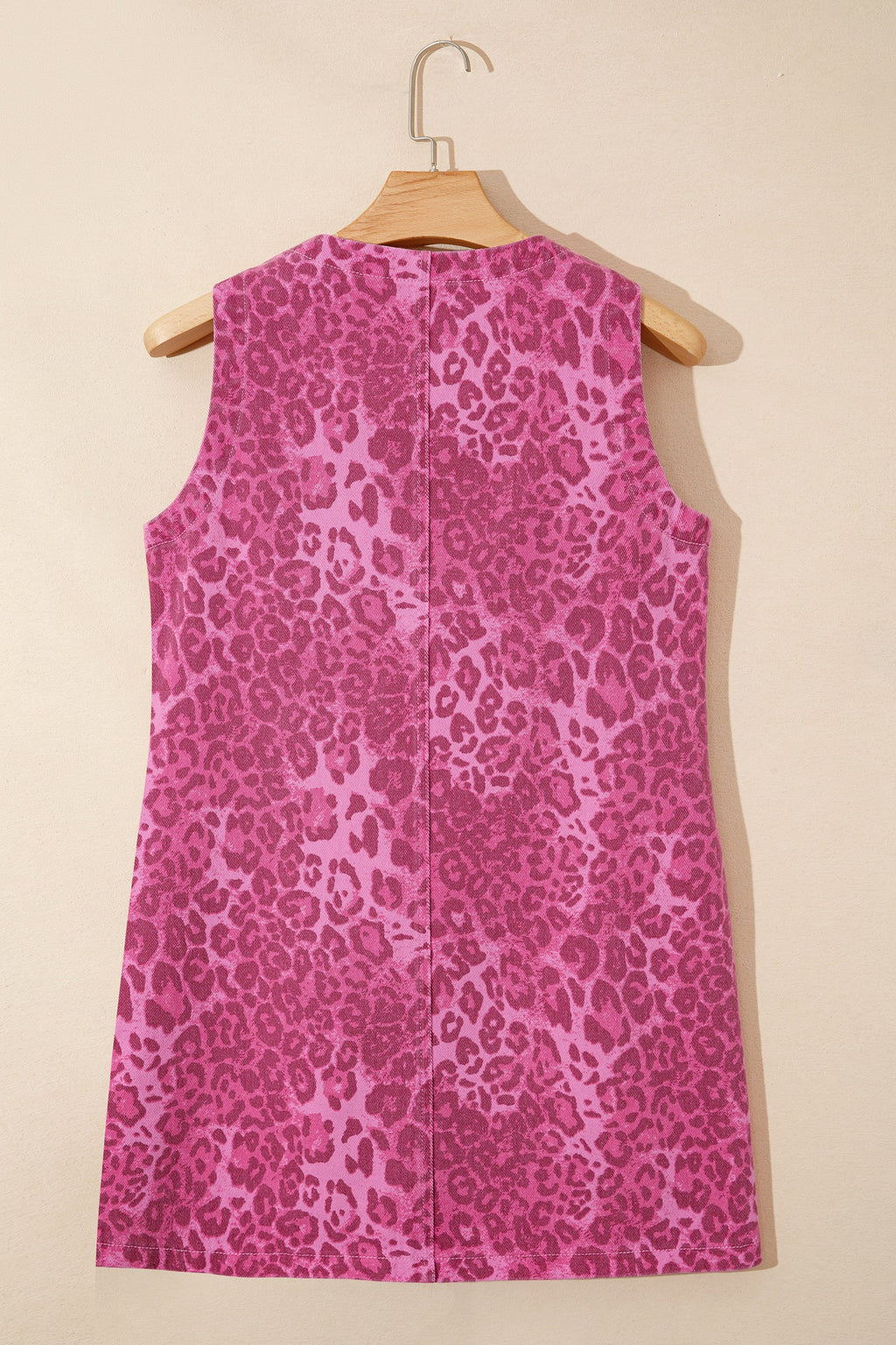 Pink Leopard Print Denim Sleeveless Button Front Mini Dress - Image 3