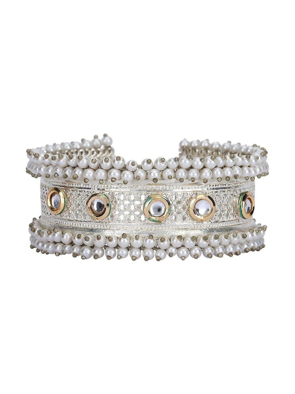 Elegant White Bead Silver Tone Bangle Bracelet for Indian & Indo-Western
