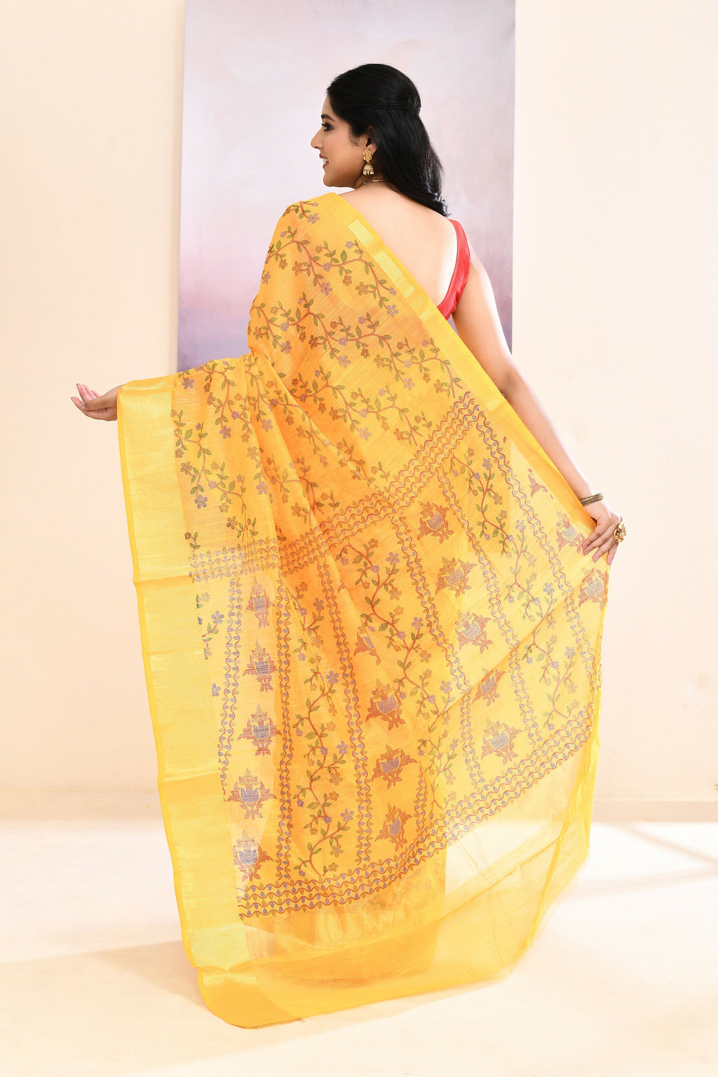 Yellow Printed Cotton Blend Saree with Embellished Details