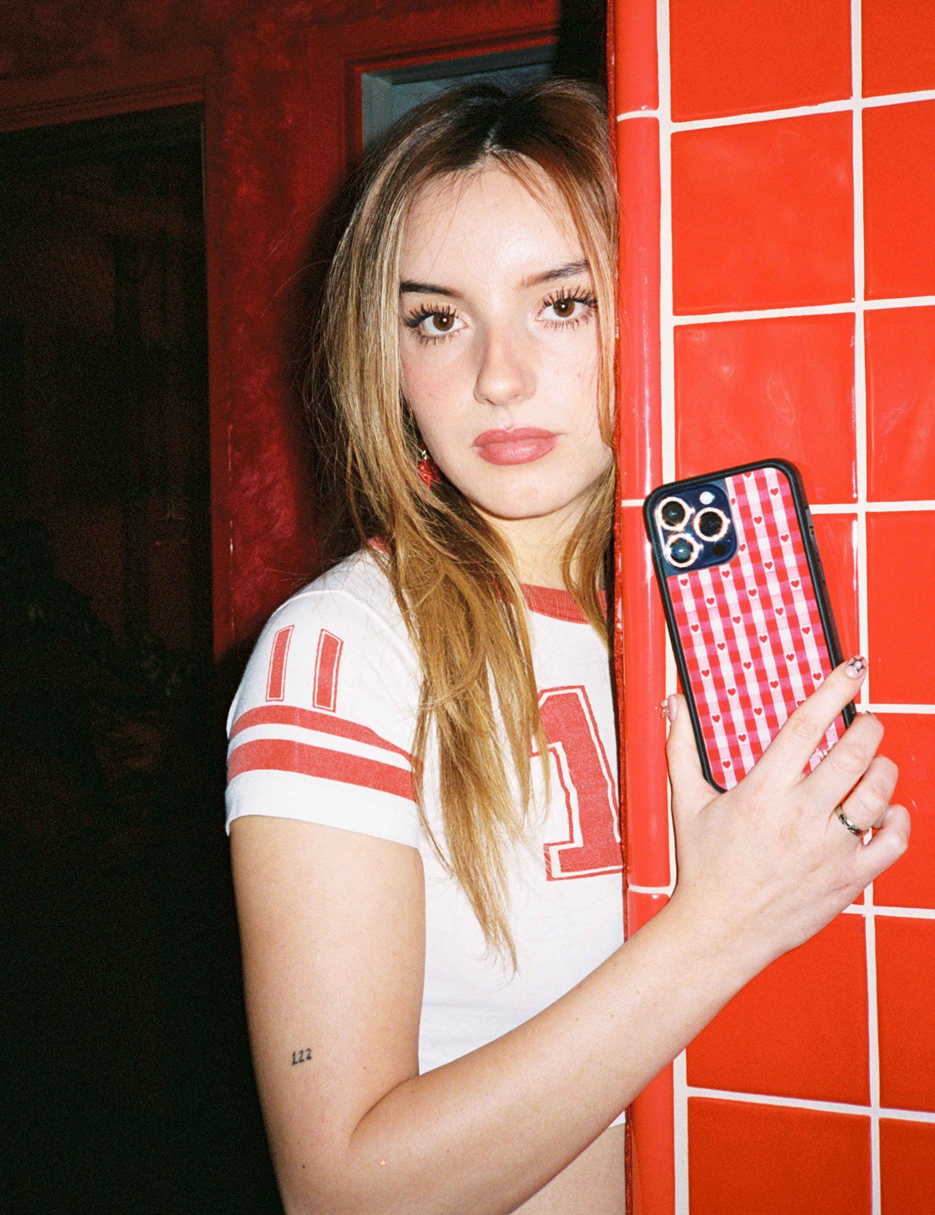 Gingham Heart Pattern Phone Case in Red with Black Bumper - Image 25