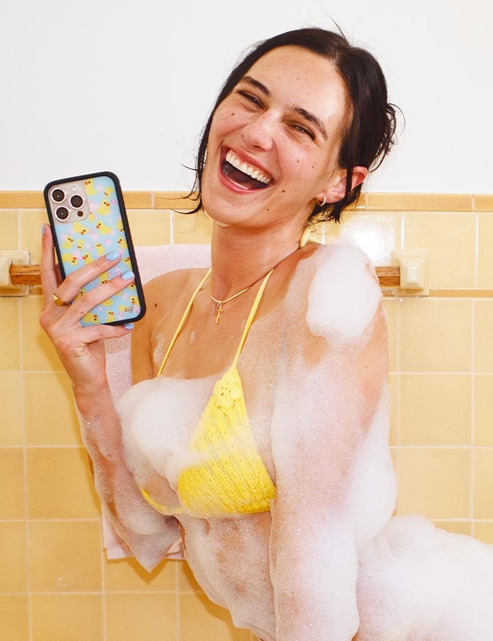 What the Duck iPhone Case in Blue and Pink Bubble Bath Design