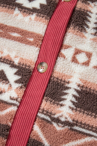 Deep Rose Geometric Print Jacket with Corduroy Trim