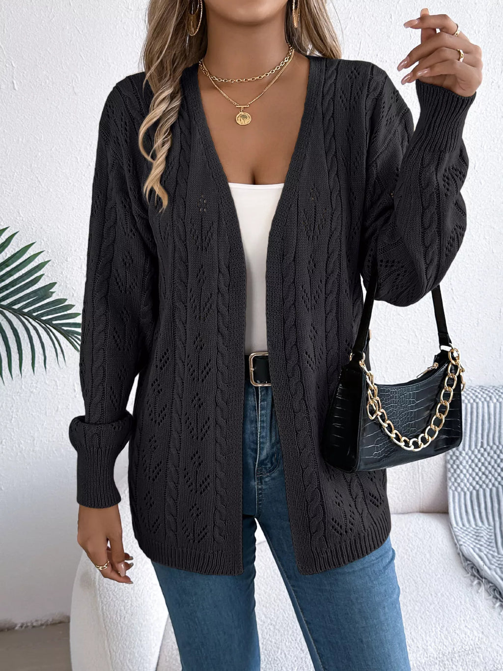 Openwork Open Front Long Sleeve Cardigan
