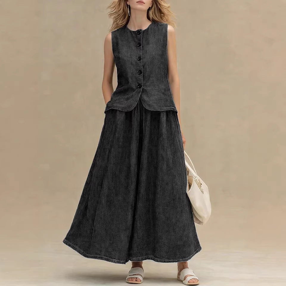 Womens Sleeveless Button Down Denim Vest and Maxi Skirt Set - Image 2