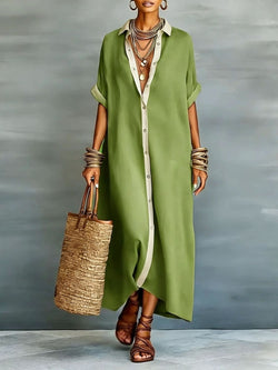 Color-Block Shirt Maxi Dress: Loose Button-Front Long Dress
