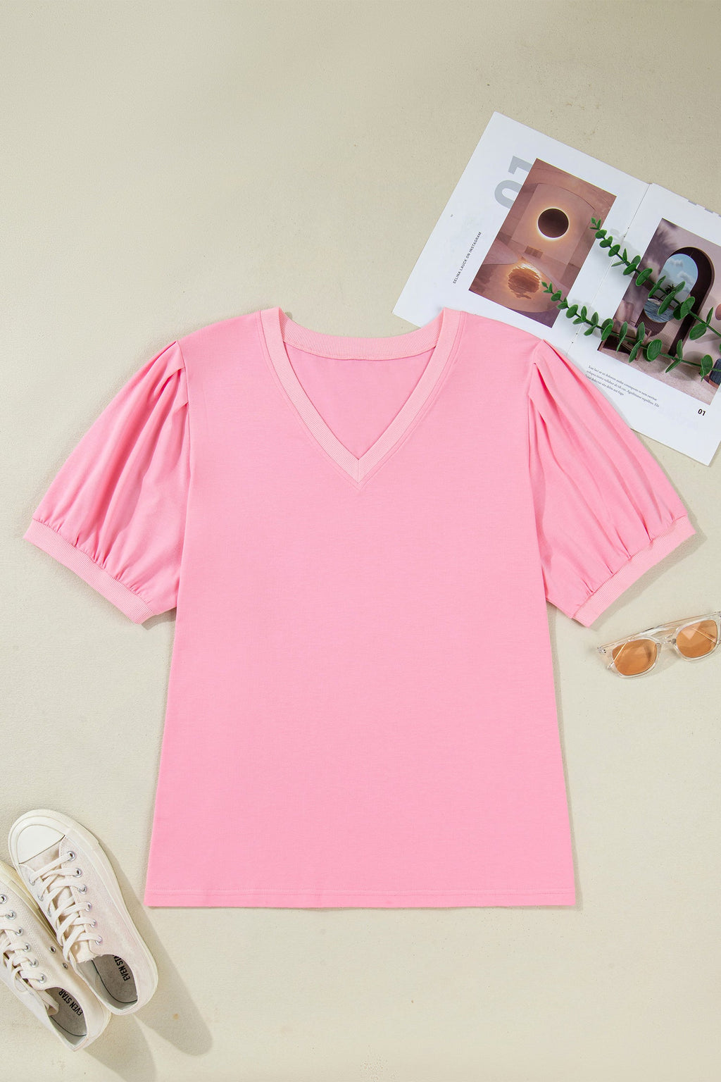 Solid V-Neck Pleated Puff Sleeve Blouse in Pink