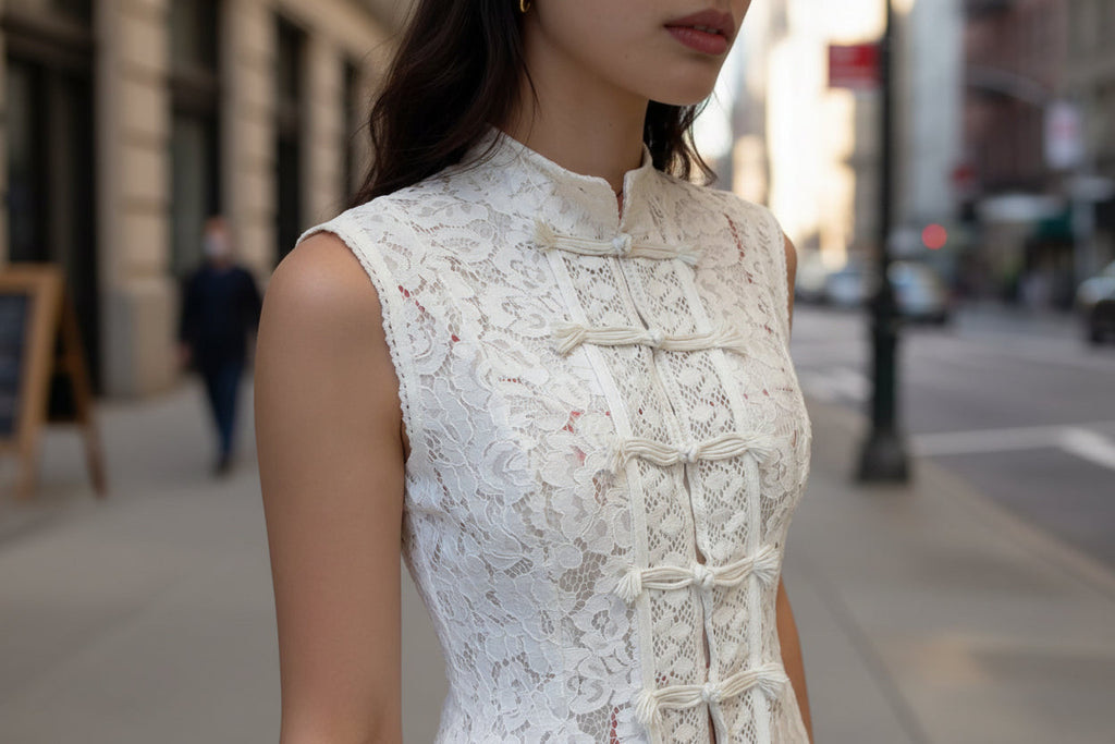 Floral Lace Crochet Sleeveless Top with Mandarin Collar - Image 2