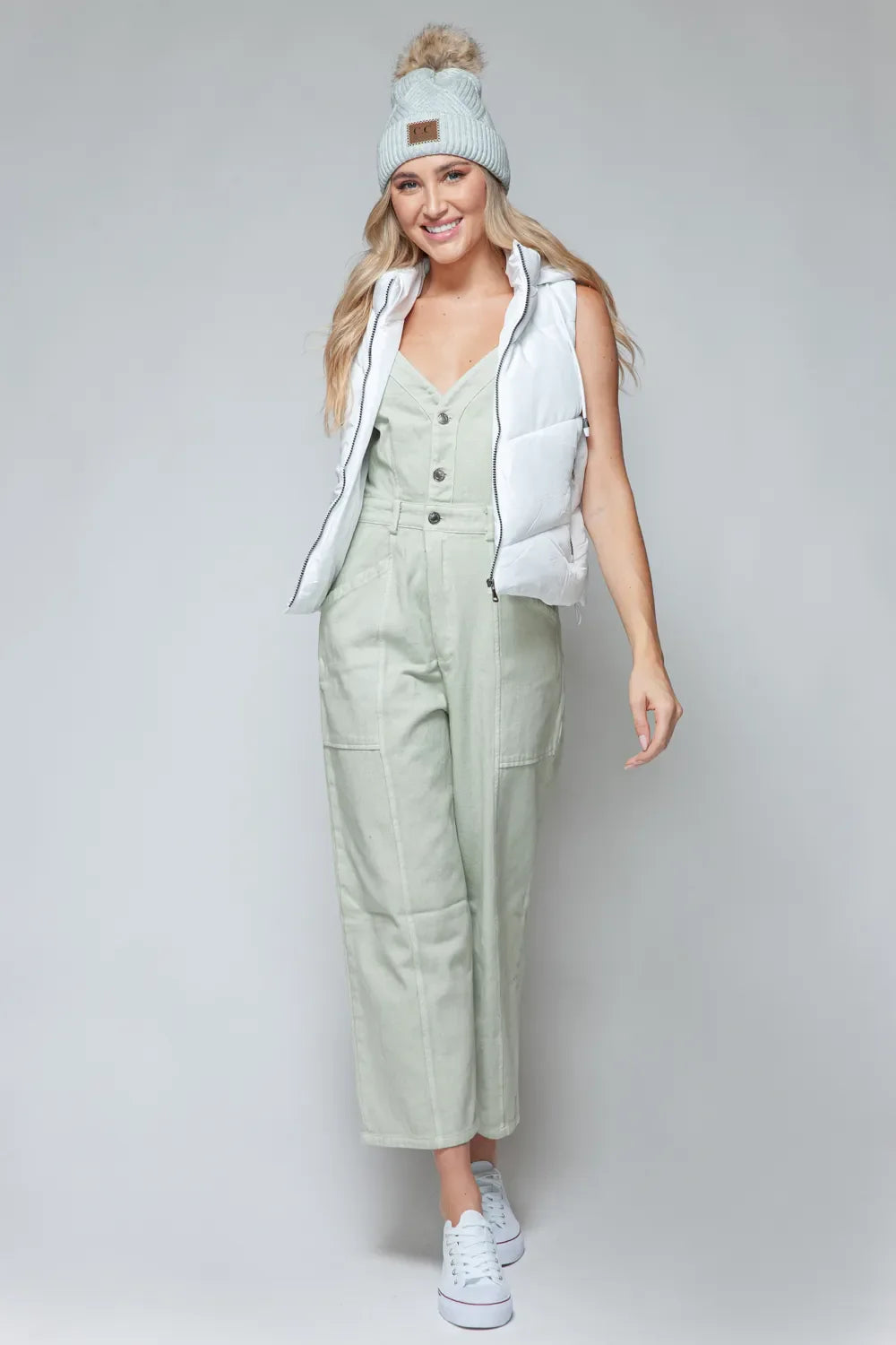 White Quilted Zip Up Hooded Vest for Women