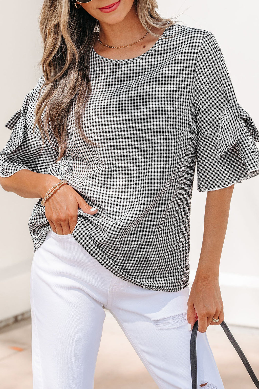 Carolina Ruffled Half Sleeve Blouse with Bow Detail and Plaid
