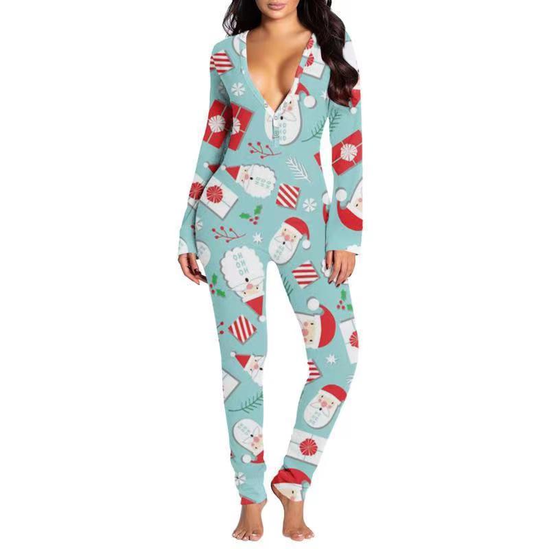 Women’s Printed V-Neck Button Front Knit Jumpsuit Loungewear