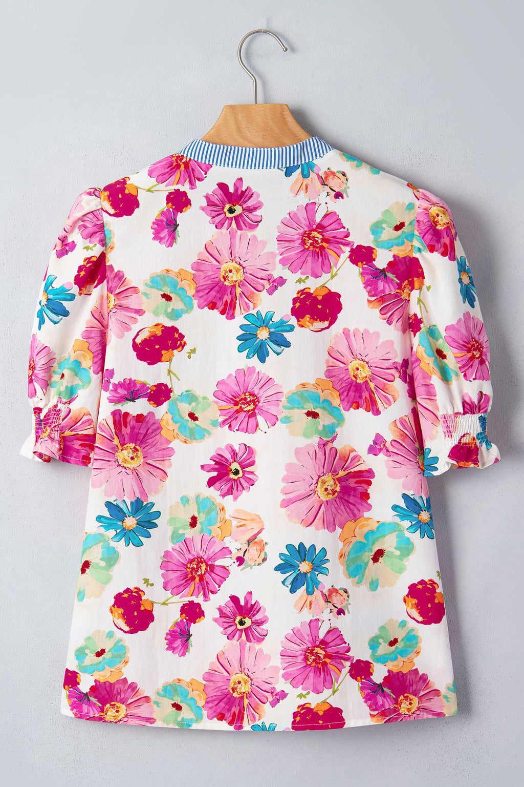 Alma Floral Blouse with Striped Trim and Puff Sleeves