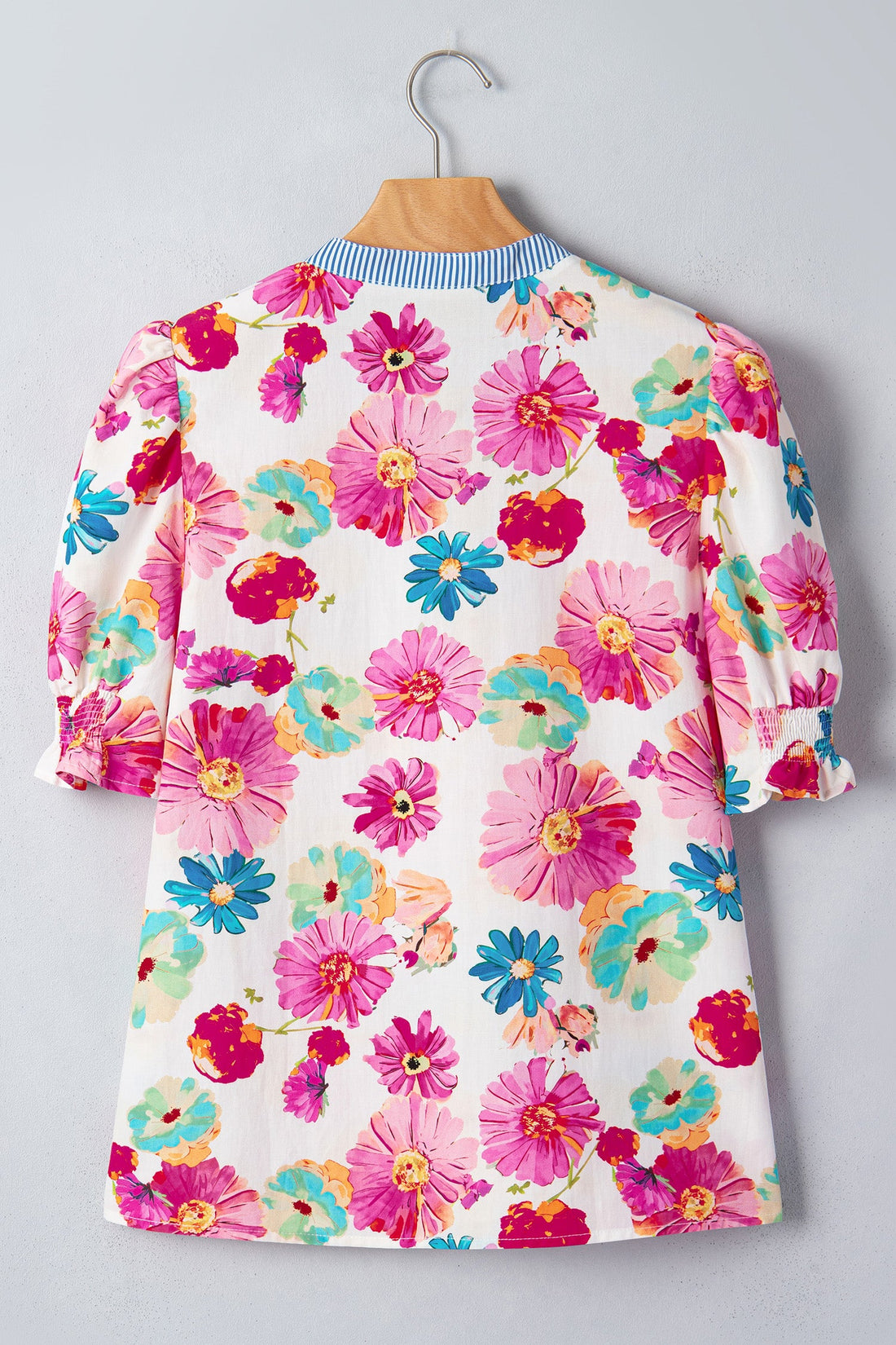 Alma Floral Blouse with Striped Trim and Puff Sleeves