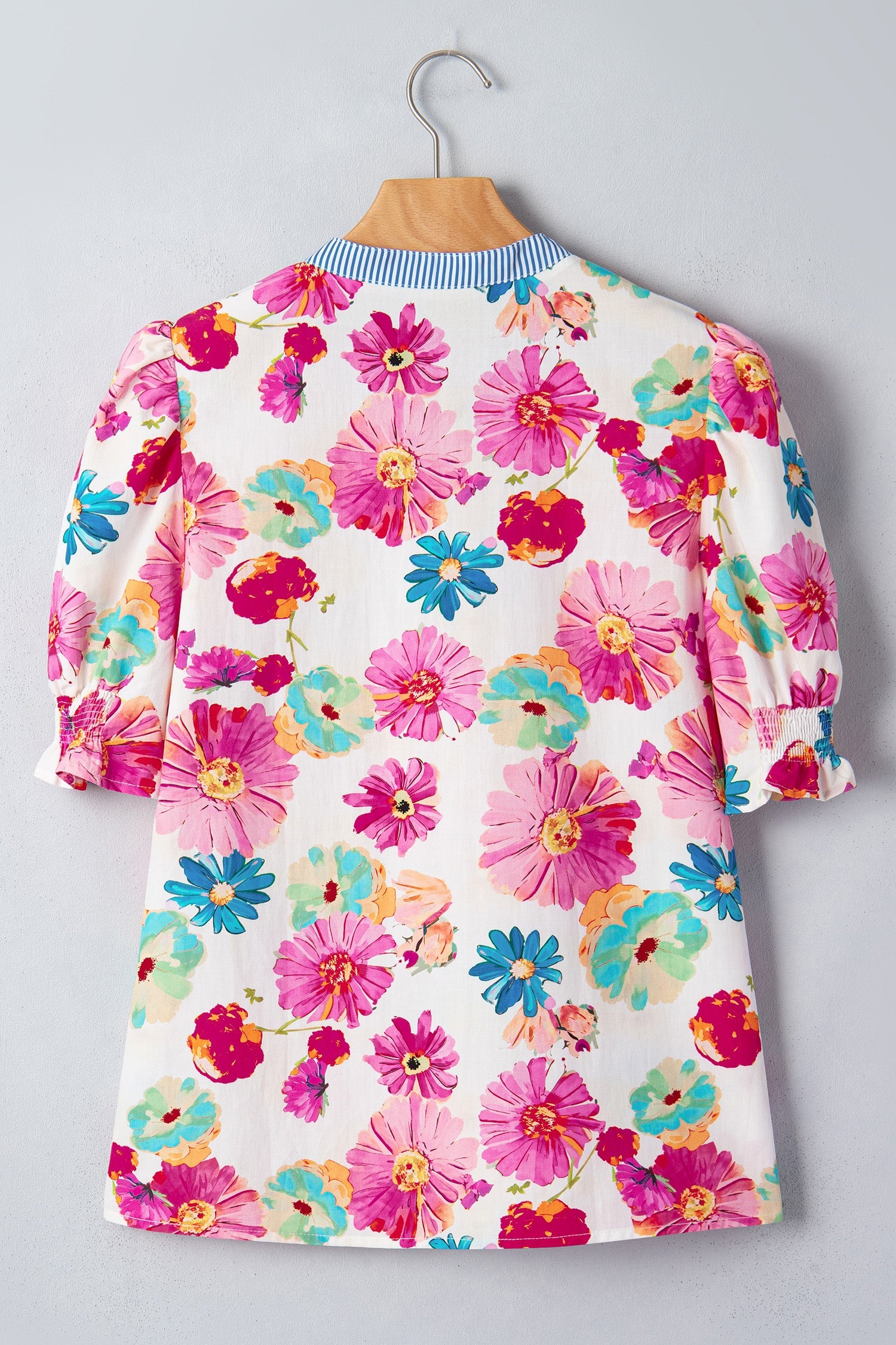Alma Floral Blouse with Striped Trim and Puff Sleeves
