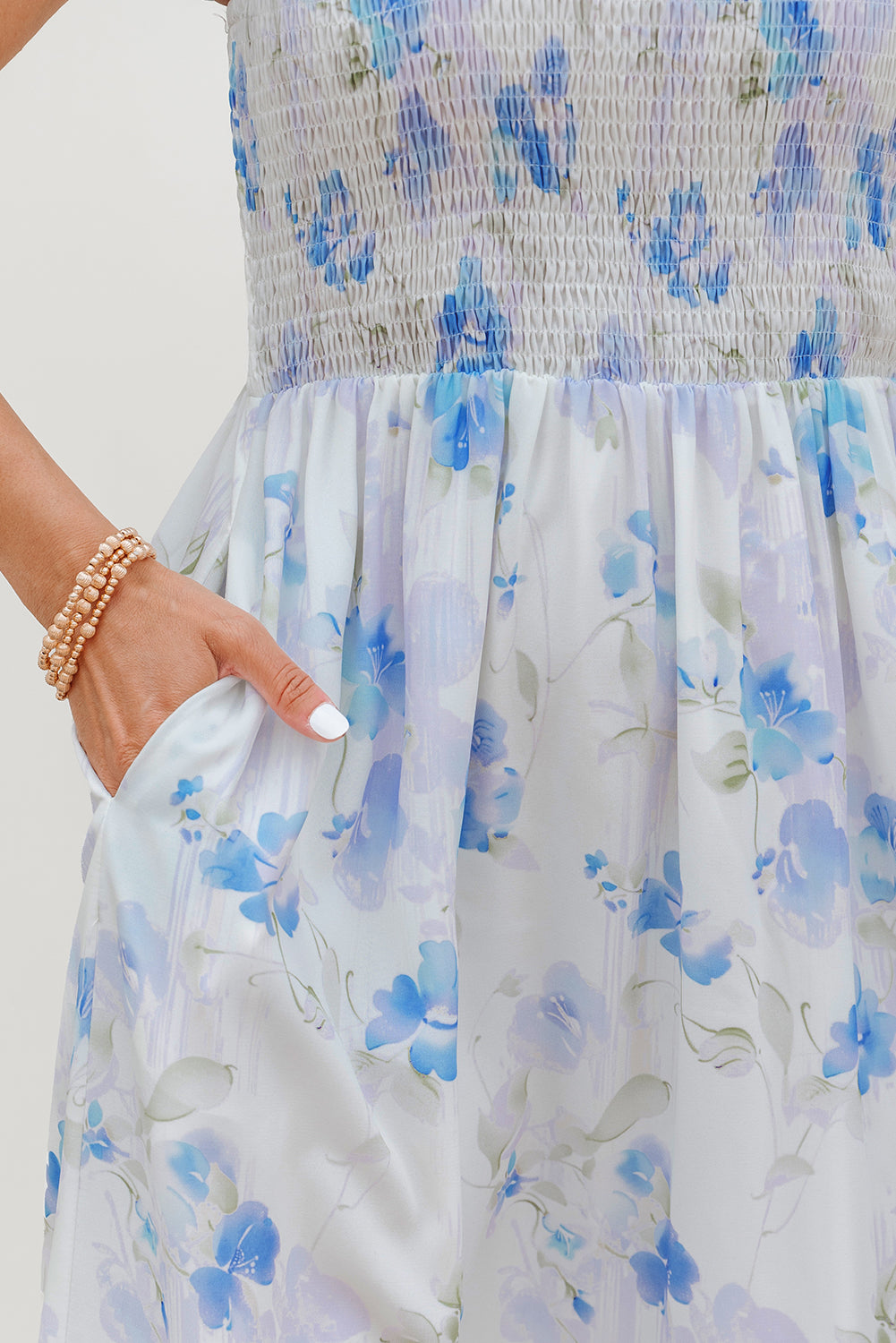 Sky Blue Floral Smocked High Waist Maxi Dress | Sleeveless