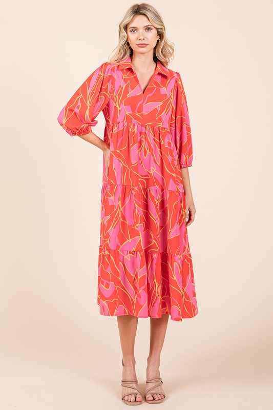 Summer Tiered Printed Collared Midi Dress with Feminine Flair
