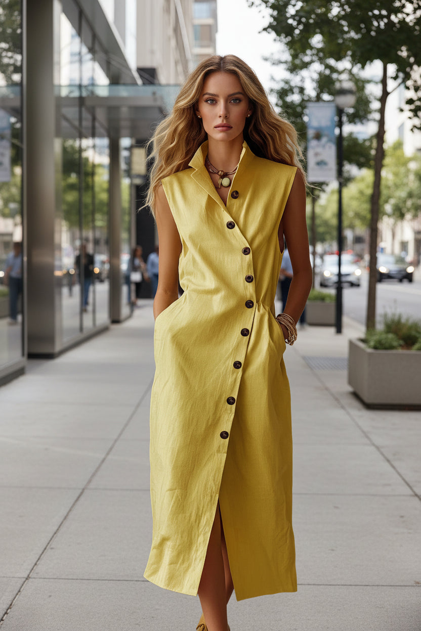 Women's Sleeveless Stand Collar Midi Dress with Button Front - Image 5