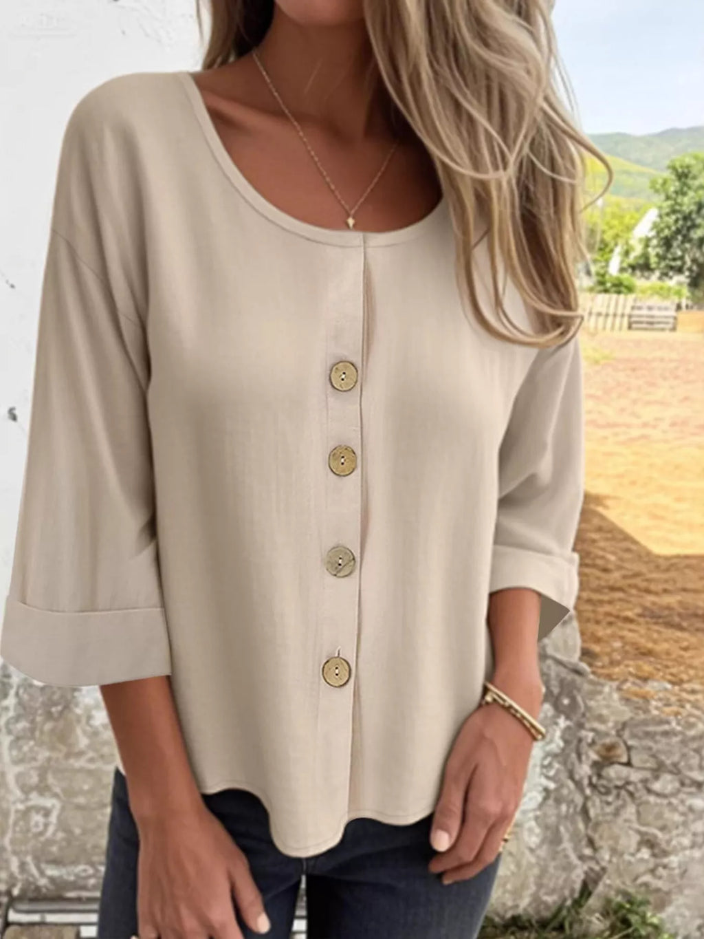 Full Size Button-Front 3/4 Sleeve Casual Blouse Plus Size