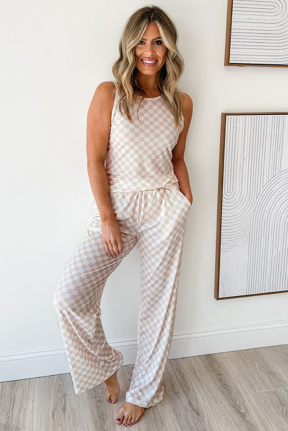 White Ribbed Tank and Wide Leg Checkered Print Lounge Set - Image 3